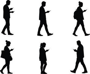Silhouettes of people walking, using smartphones, urban lifestyle, digital addiction, modern behavior, technology impact, mobile culture, distracted walking, city street
