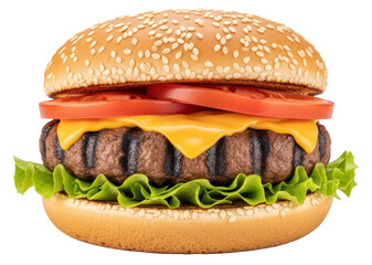 A delicious cheeseburger with sesame seeds, lettuce, tomato, and cheese on a sesame seed bun.