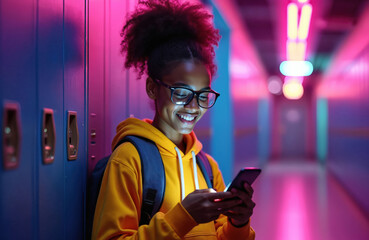 Smiling teen girl uses smartphone in school hallway. She leans against lockers holding phone. Modern youth digital lifestyle concept. Student girl with backpack chatting or texting.