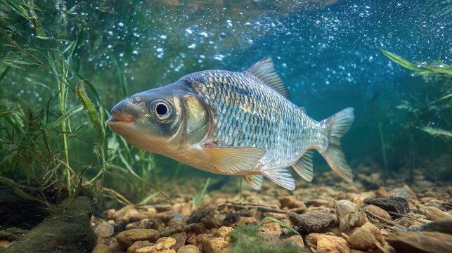 Close-up underwater image of a Carp Bream swimming through a clear pond with detailed scales, river plants, and natural light.