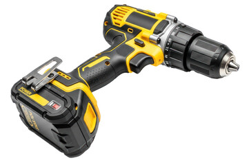Fototapeta premium A black and yellow cordless drill with a battery and a charger.