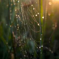 Close-up of dew drops on spider web at dawn, shallow depth of field, natural background blur,Generative.AI