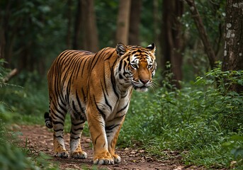 A majestic Bengal tiger walks along a dirt path through a lush green forest, showcasing its distinctive orange and black stripes.