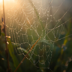 Close-up of dew drops on spider web at dawn, shallow depth of field, natural background blur,Generative.AI