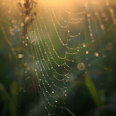 Close-up of dew drops on spider web at dawn, shallow depth of field, natural background blur,Generative.AI