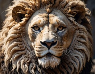 A close-up, artistic view of a lion's face. The animal stares directly at the viewer with bright eyes, golden fur highlighted by sunlight