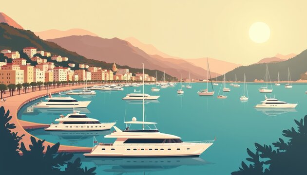 Illustration shows sea bay with city on hill, yachts. Coastal cityscape with boats, mountains. Scenery reflects luxurious lifestyle, beach vacation. Art poster for travel agency or tourism brand. - Powered by Adobe