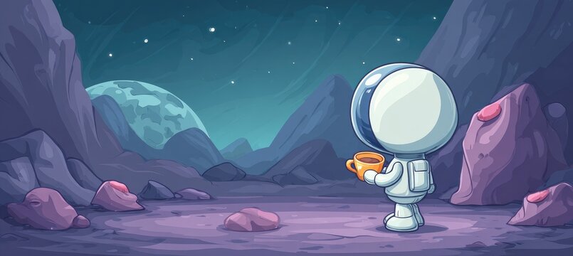 Cute astronaut exploring an alien planet with strange rock formations and a starry sky.