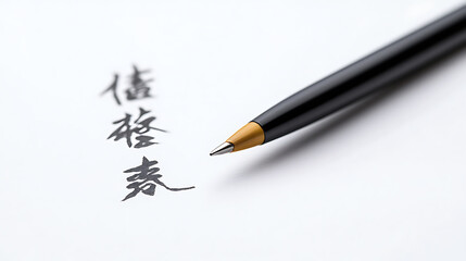 Elegant pen rests beside graceful calligraphy on pristine white paper, capturing a moment of artistic expression and refined craftsmanship.
