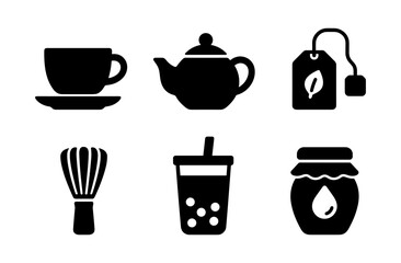 Tea icons set: cup, teapot, tea bag, whisk, bubble tea, jam jar