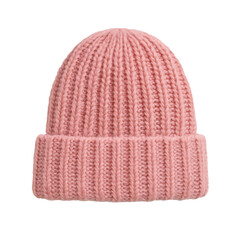 Pink wool knit beanie hat isolated on transparent background