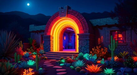 Magical neon-lit entrance with glowing orange and yellow arches, surrounded by vibrant desert plants and illuminated pathway stones, set against a moonlit night and mountain silhouette for a festive a