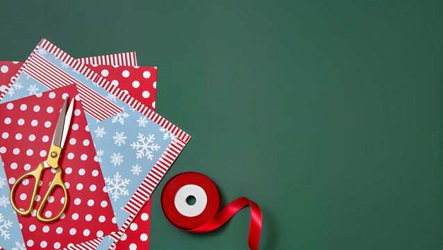 Christmas wrapping paper, golden scissors and red satin ribbon on green background (preparing for the holiday). - Powered by Adobe