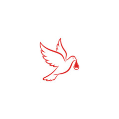 Red outline of a dove mid-flight carrying a small sack in its beak, on white