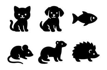 Obraz premium Cute animal silhouettes: cat, dog, fish, mouse, ferret, hedgehog