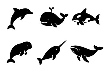 Obraz premium Silhouette marine mammals set: dolphin, whale, orca, beluga, narwhal, humpback icons