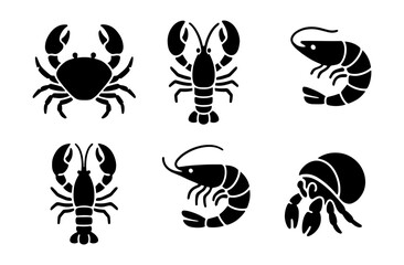 Obraz premium Silhouette collection of sea creatures featuring lobster, crab, shrimp, and hermit crab
