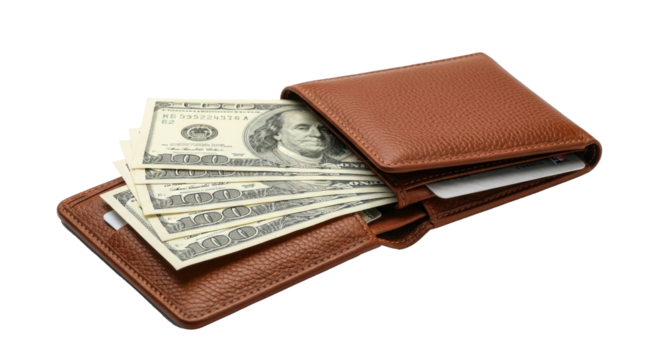 A brown leather wallet with a stack of hundred dollar bills inside.