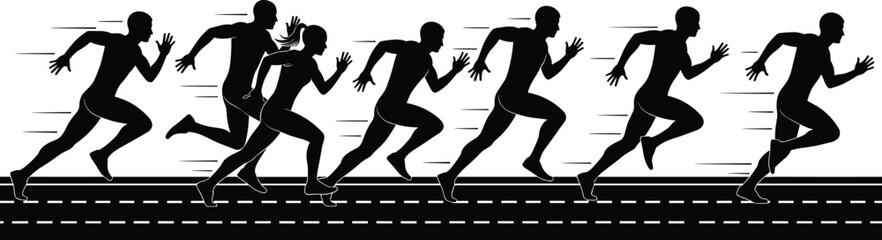 Running silhouette sequence, sprint motion stages, athlete speed progression, dynamic movement, sports training concept, track runner posture, fitness biomechanics, editable design