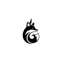 Stylized black fox head curves into a circular tail on a plain white background