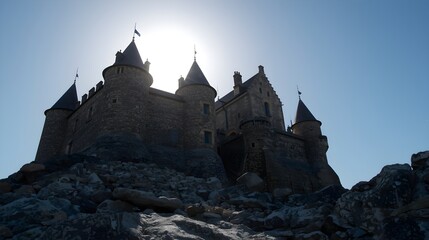 Majestic stone castle silhouette against a bright sun with dramatic rays piercing through its spires and towers under a clear blue sky
