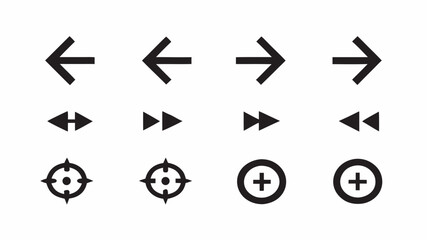 Collection of black arrow icons pointing left and right along with target and plus sign symbols design | editable eps vectors silhouette