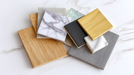 Collection of various textured material samples including wood, marble, fabric, and stone, arranged artistically on a light surface, showcasing design options for interior decoration