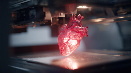 3D-printed human heart model in a medical laboratory setting. A close-up shot shows a 3D-printed heart being created, showcasing medical technology and innovation.