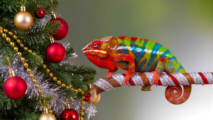 A colorful panther chameleon sits on a candy cane next to a decorated Christmas tree.