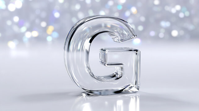Transparent glass letter G stands prominently on a reflective surface, surrounded by a soft bokeh background, creating an elegant and modern visual appeal for design purposes