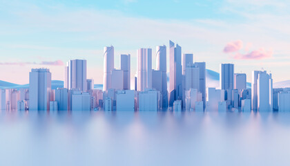 Abstract 3D city skyline glowing softly under a pastel morning light.