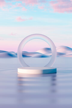 Minimal 3D ring sculpture over soft pastel desert with reflections