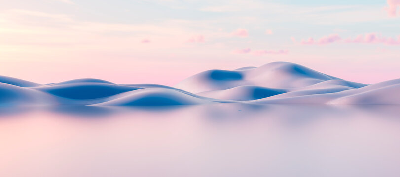 Peaceful 3D dunes in pastel colors under a dreamy sky