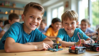 Two boys smile while building circuits with wires and components. Kids learn STEM subjects, engineering, and electronics in a classroom setting, showing project success and teamwork.