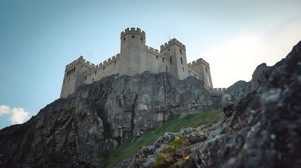 Majestic medieval castle perched atop a rugged rocky mountain peak under a bright blue sky with scattered clouds and sunlight