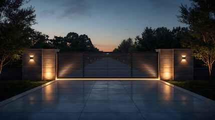 modern residential entrance gate with integrated lighting and landscaped driveway at dusk