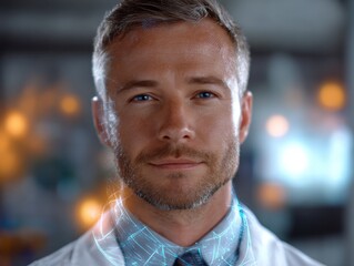 Portrait of a confident man in a futuristic setting, wearing a white coat with glowing digital interface elements, symbolizing innovation, science, and modern technology.
