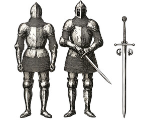Obraz premium Full plate medieval armor with chainmail a sword and a knight depicted from front and back