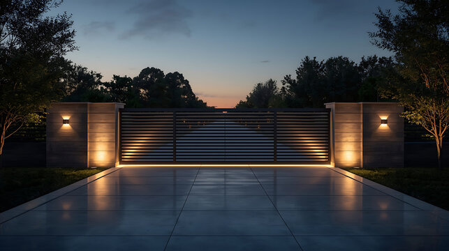 modern residential entrance gate with integrated lighting and landscaped driveway at dusk