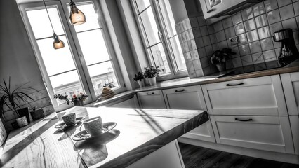 Obraz premium Modern kitchen design ideas with white cabinets and wooden countertop near window with natural light