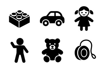 Naklejka premium Silhouette icons of classic toys and characters in black and white design