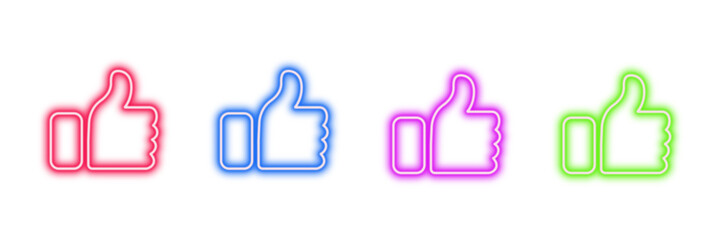 Neon glowing thumbs up vector icons set, approval, like, social media, positive feedback, success, vibrant colorful digital design illustration.