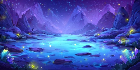 Fototapeta premium Enchanted Fantasy Landscape with Glowing Water and Mystical Mountains.
