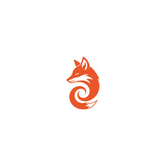 Orange fox with a curled tail viewed from the side on a white background