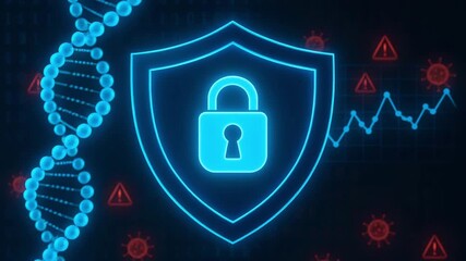 Digital illustration representing data security in health technology with a shield symbol, DNA strand, and virus indicators. - Powered by Adobe