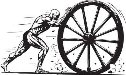 Fototapeta premium A muscular, stylized human figure with defined anatomy powerfully pushes a large, spoked wheel forward, creating motion lines and dust clouds, symbolizing effort and progress.
