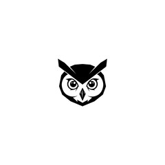 Stylized owl head, geometric design, sharp lines, bold black silhouette, piercing eyes