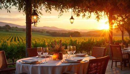 Fototapeta premium Tuscan sunset scene depicts romantic vineyard dinner. Table set with wine glasses candles. Golden hour sunlight illuminates landscape. Picturesque view perfect for travel food lifestyle media.