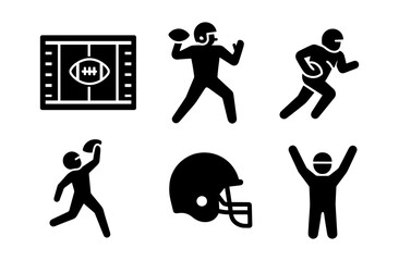 American football icons set in bold silhouette style for sports design