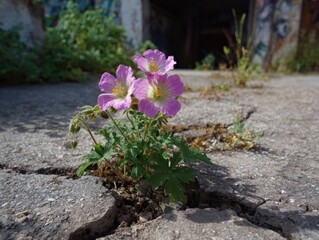 Naklejka premium Pink wildflowers growing through cracked concrete, symbol of resilience and life in an urban environment, sunlight highlighting delicate petals and green leaves. 